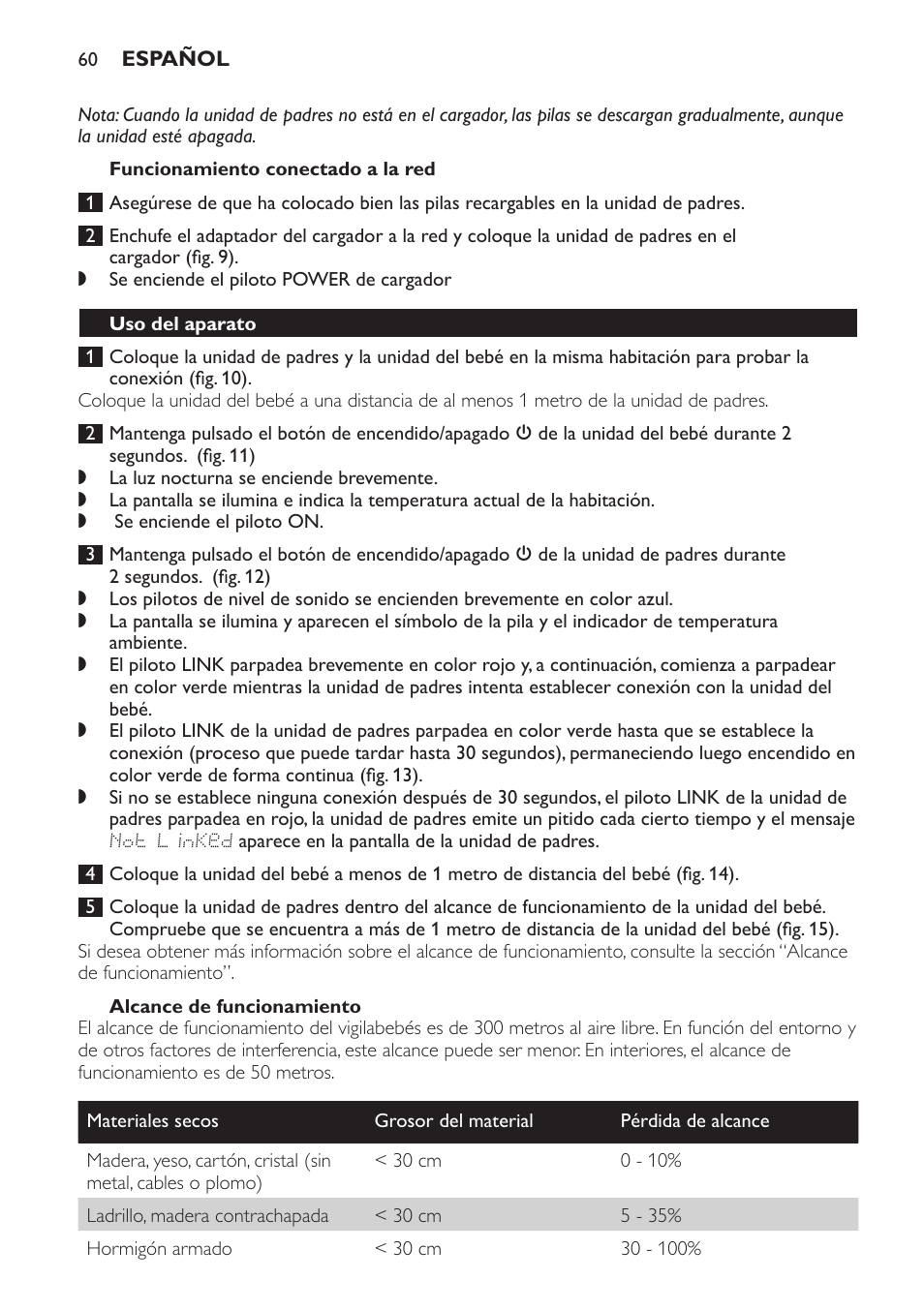 Funcionamiento conectado a la red, Alcance de funcionamiento, Uso del aparato | Philips AVENT Vigilabebés DECT User Manual | Page 60 / 168