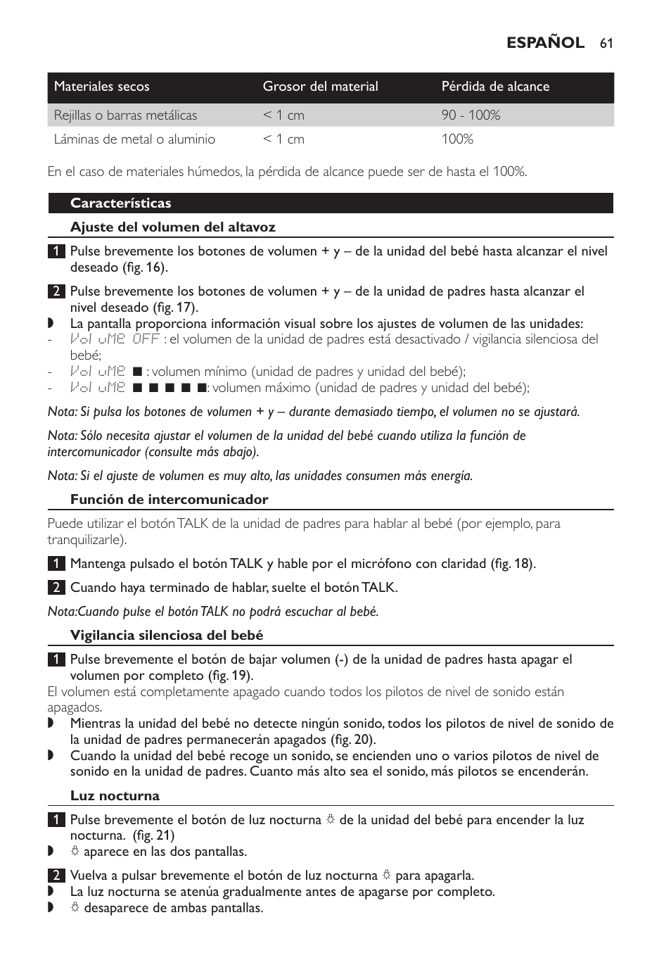 Características, Ajuste del volumen del altavoz, Función de intercomunicador | Vigilancia silenciosa del bebé, Luz nocturna | Philips AVENT Vigilabebés DECT User Manual | Page 61 / 168