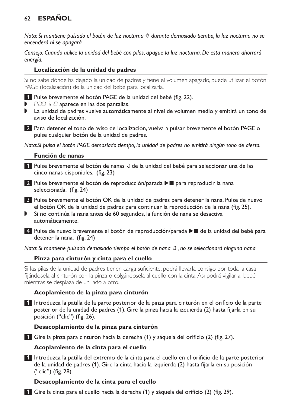 Localización de la unidad de padres, Función de nanas, Pinza para cinturón y cinta para el cuello | Acoplamiento de la pinza para cinturón, Desacoplamiento de la pinza para cinturón, Acoplamiento de la cinta para el cuello, Desacoplamiento de la cinta para el cuello | Philips AVENT Vigilabebés DECT User Manual | Page 62 / 168