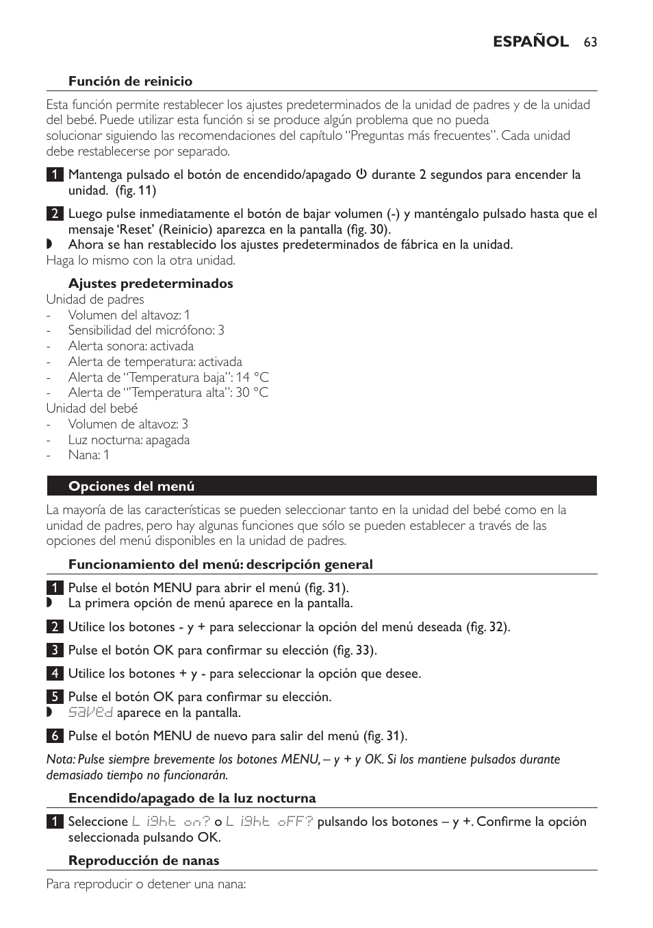Función de reinicio, Ajustes predeterminados, Opciones del menú | Funcionamiento del menú: descripción general, Encendido/apagado de la luz nocturna, Reproducción de nanas | Philips AVENT Vigilabebés DECT User Manual | Page 63 / 168