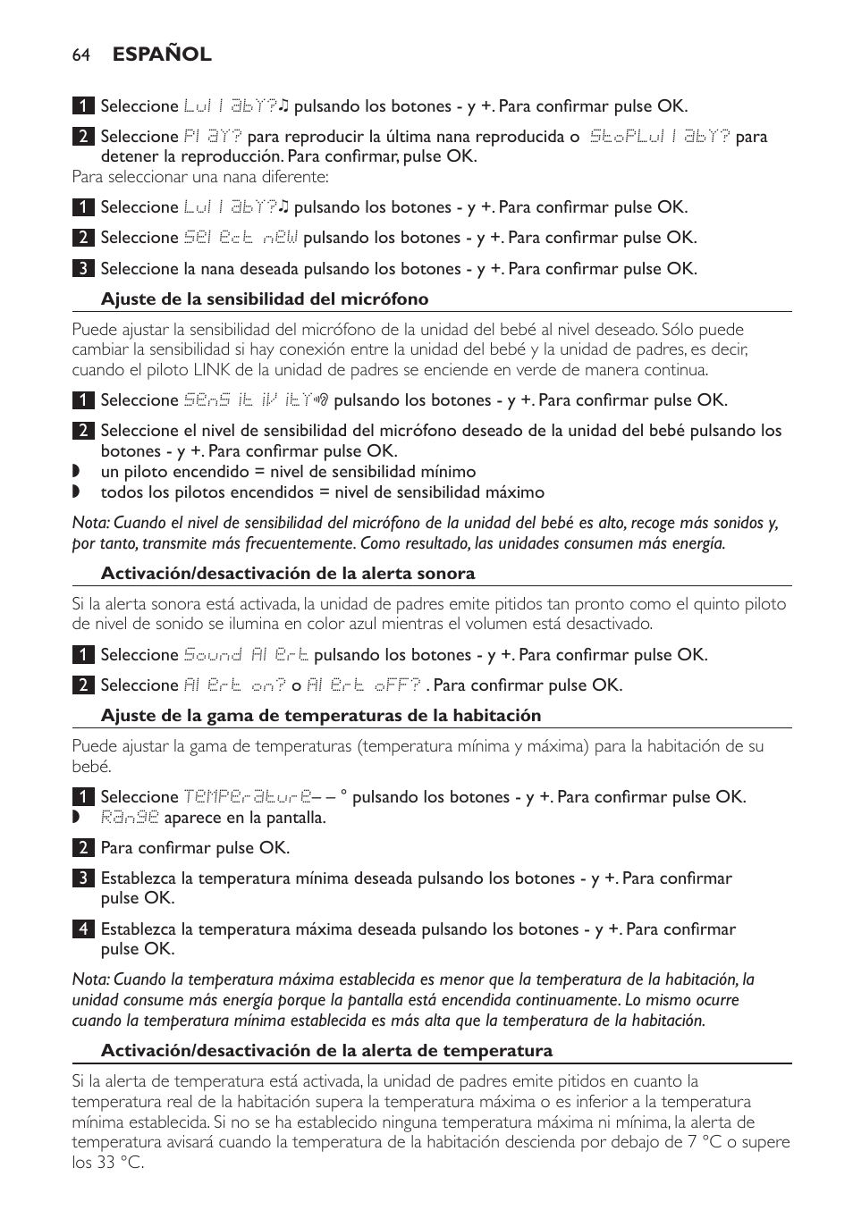 Ajuste de la sensibilidad del micrófono, Activación/desactivación de la alerta sonora, Ajuste de la gama de temperaturas de la habitación | Philips AVENT Vigilabebés DECT User Manual | Page 64 / 168