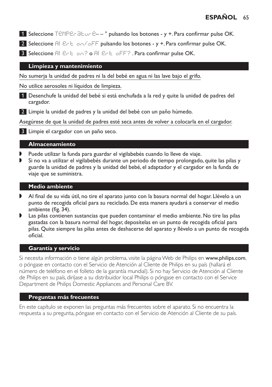 Limpieza y mantenimiento, Almacenamiento, Medio ambiente | Garantía y servicio, Preguntas más frecuentes | Philips AVENT Vigilabebés DECT User Manual | Page 65 / 168