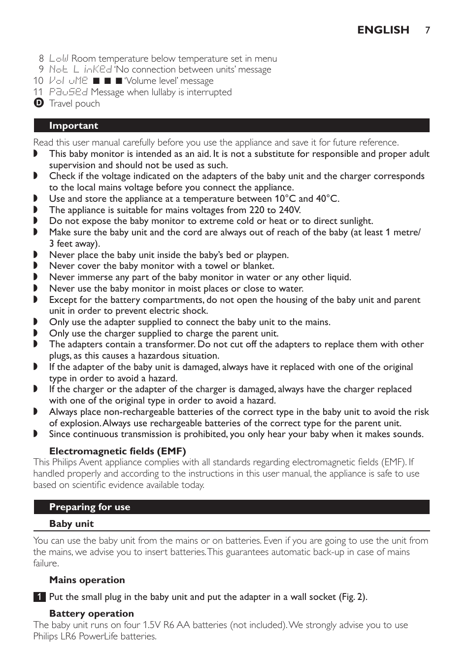 Important, Electromagnetic fields (emf), Preparing for use | Baby unit, Mains operation, Battery operation | Philips AVENT Vigilabebés DECT User Manual | Page 7 / 168