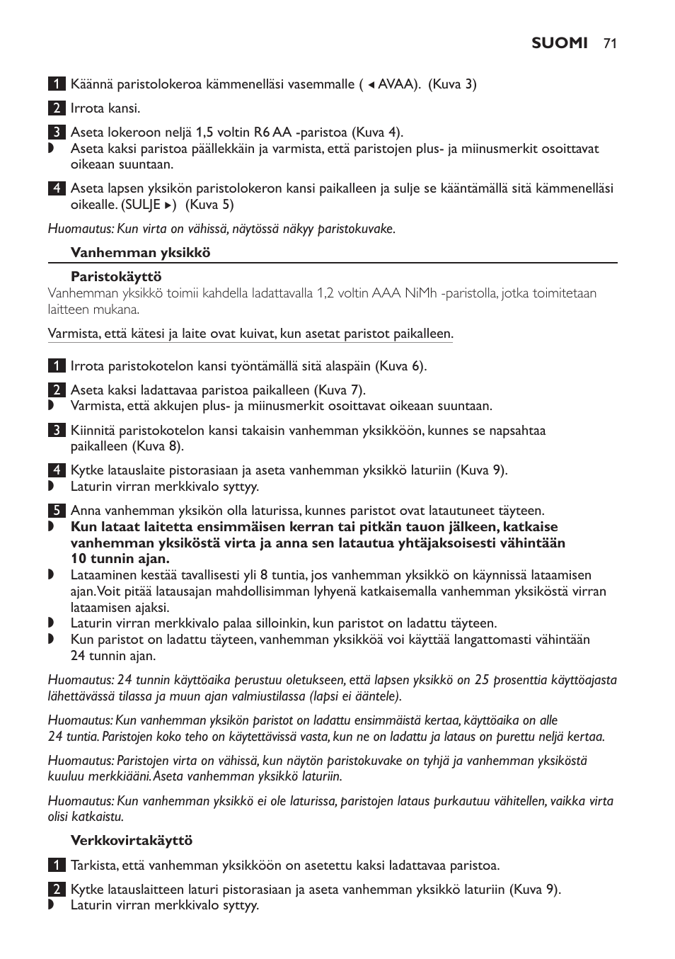 Vanhemman yksikkö, Paristokäyttö, Verkkovirtakäyttö | Philips AVENT Vigilabebés DECT User Manual | Page 71 / 168