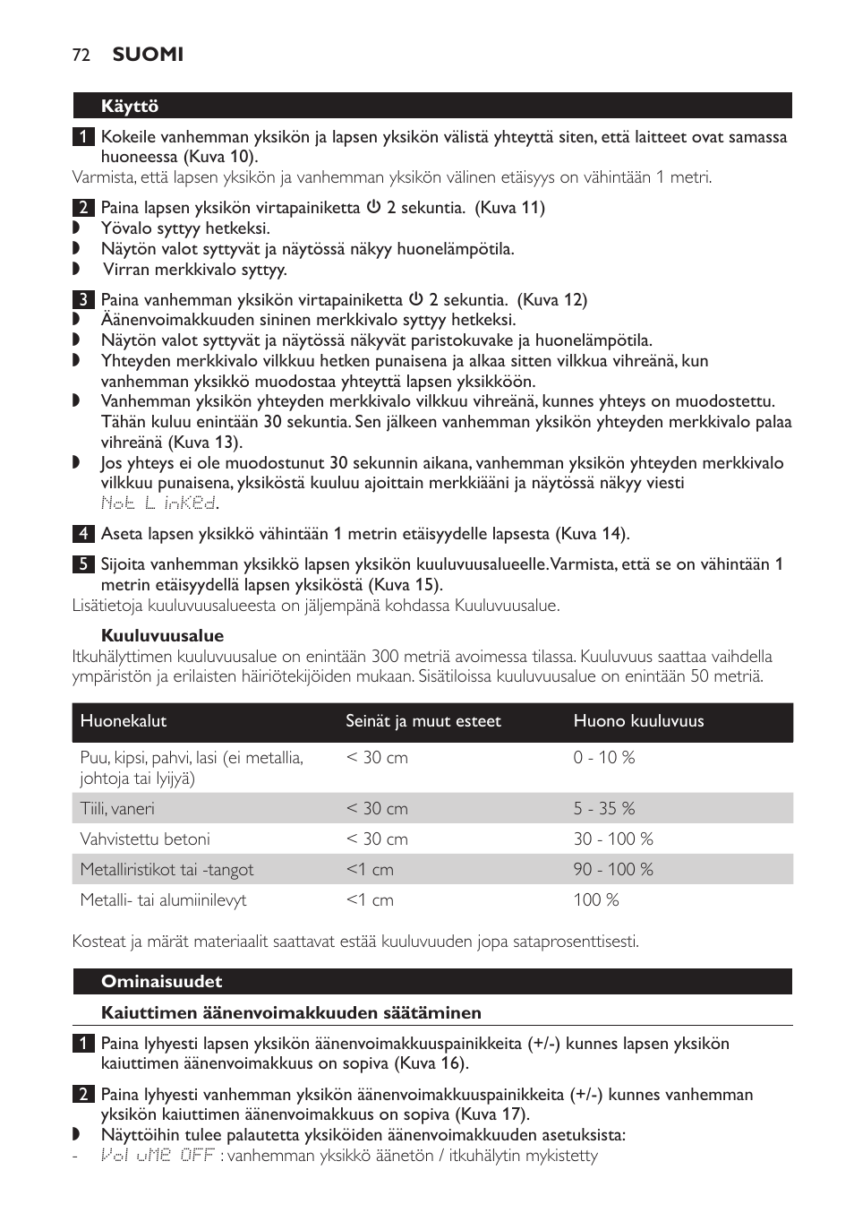 Kuuluvuusalue, Käyttö, Ominaisuudet | Kaiuttimen äänenvoimakkuuden säätäminen | Philips AVENT Vigilabebés DECT User Manual | Page 72 / 168