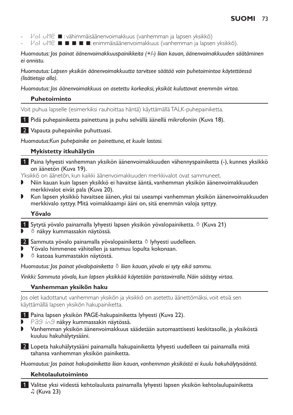 Puhetoiminto, Mykistetty itkuhälytin, Yövalo | Vanhemman yksikön haku, Kehtolaulutoiminto | Philips AVENT Vigilabebés DECT User Manual | Page 73 / 168