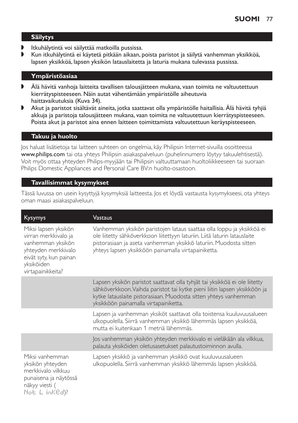 Säilytys, Ympäristöasiaa, Takuu ja huolto | Tavallisimmat kysymykset | Philips AVENT Vigilabebés DECT User Manual | Page 77 / 168