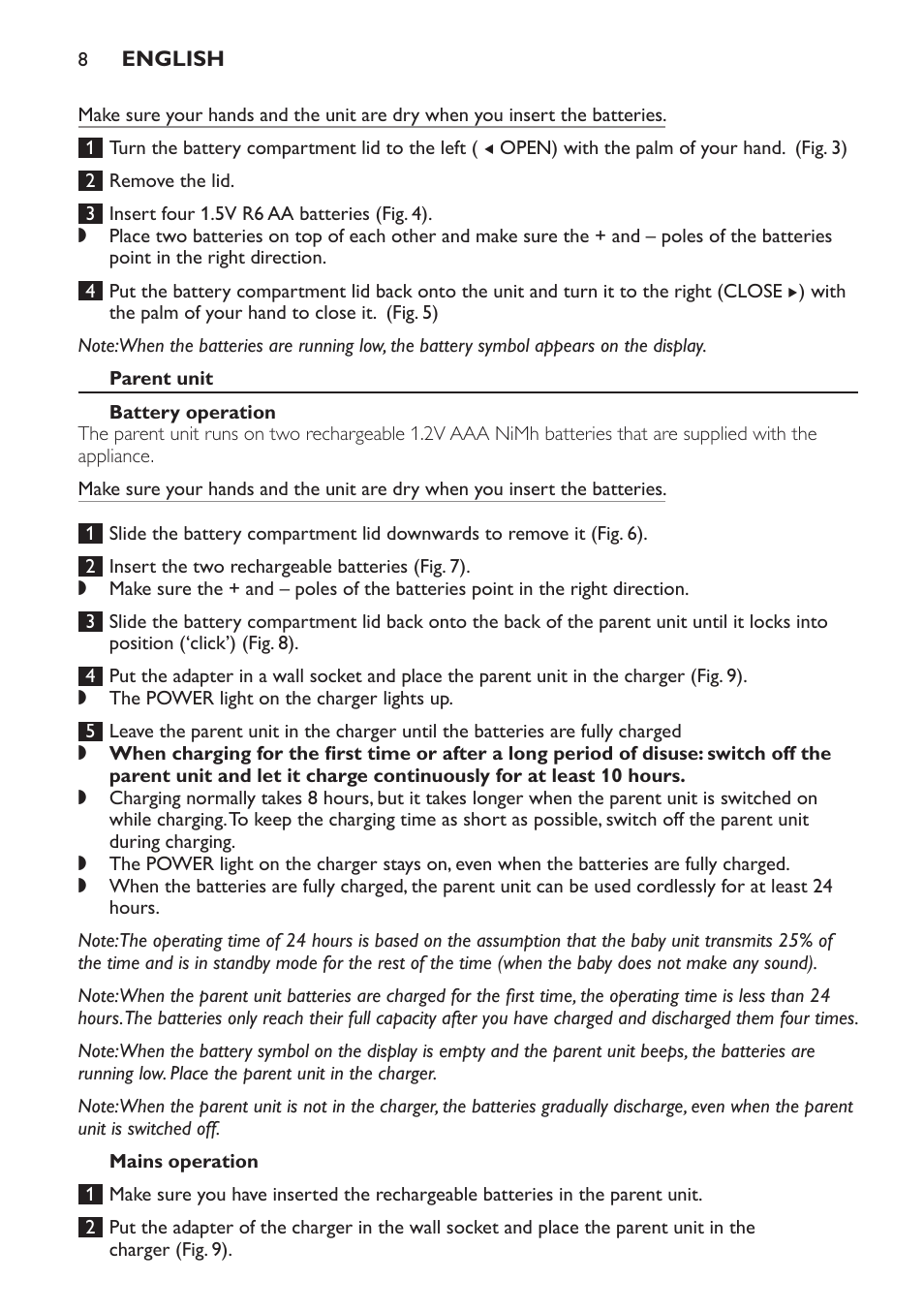 Parent unit, Battery operation, Mains operation | Philips AVENT Vigilabebés DECT User Manual | Page 8 / 168