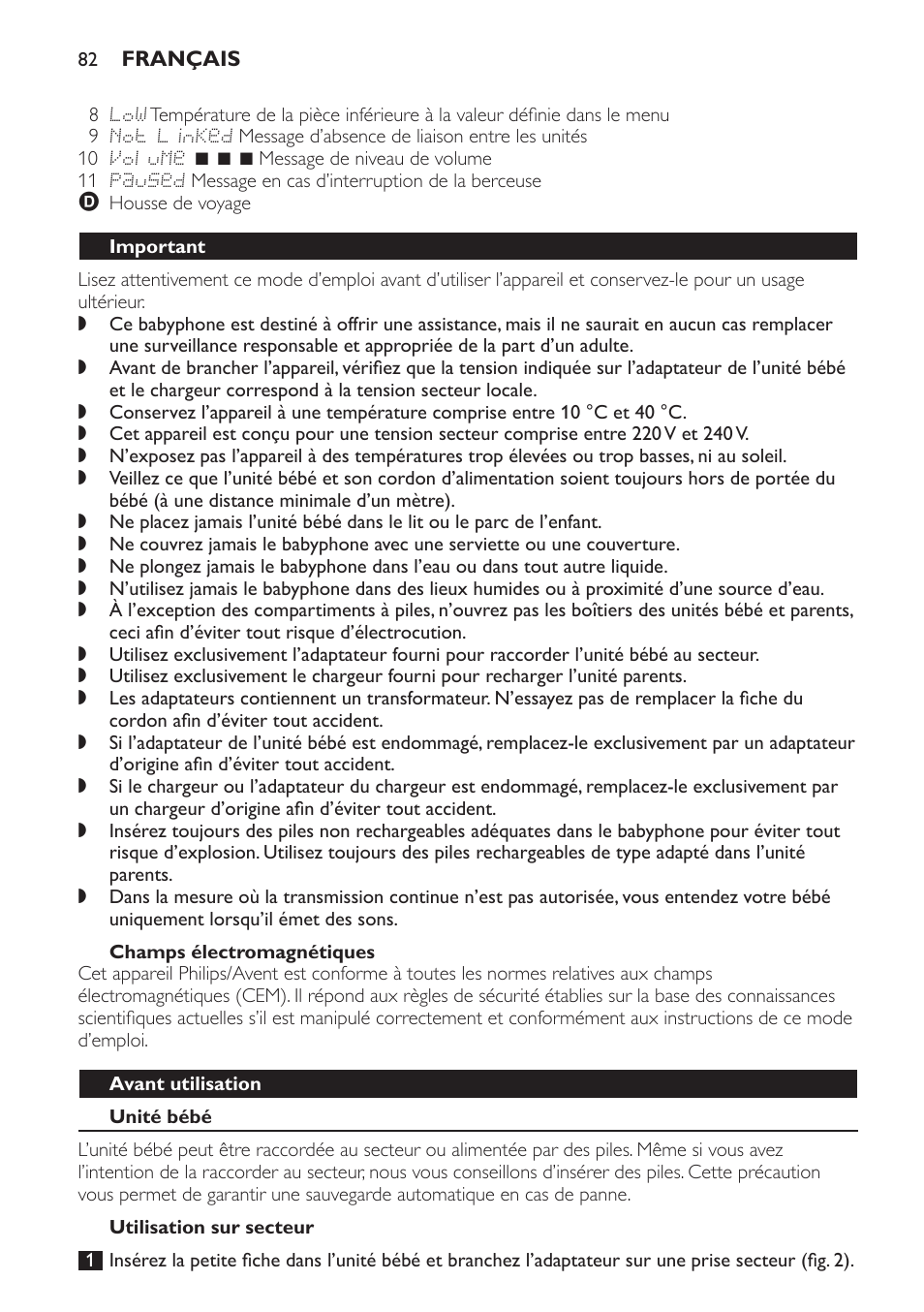 Champs électromagnétiques, Important, Avant utilisation | Unité bébé, Utilisation sur secteur | Philips AVENT Vigilabebés DECT User Manual | Page 82 / 168