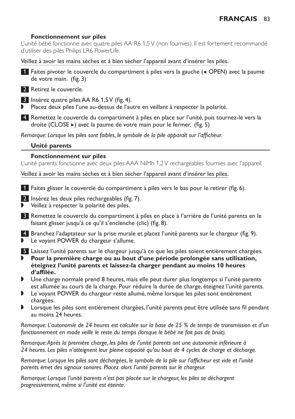 Fonctionnement sur piles, Unité parents | Philips AVENT Vigilabebés DECT User Manual | Page 83 / 168