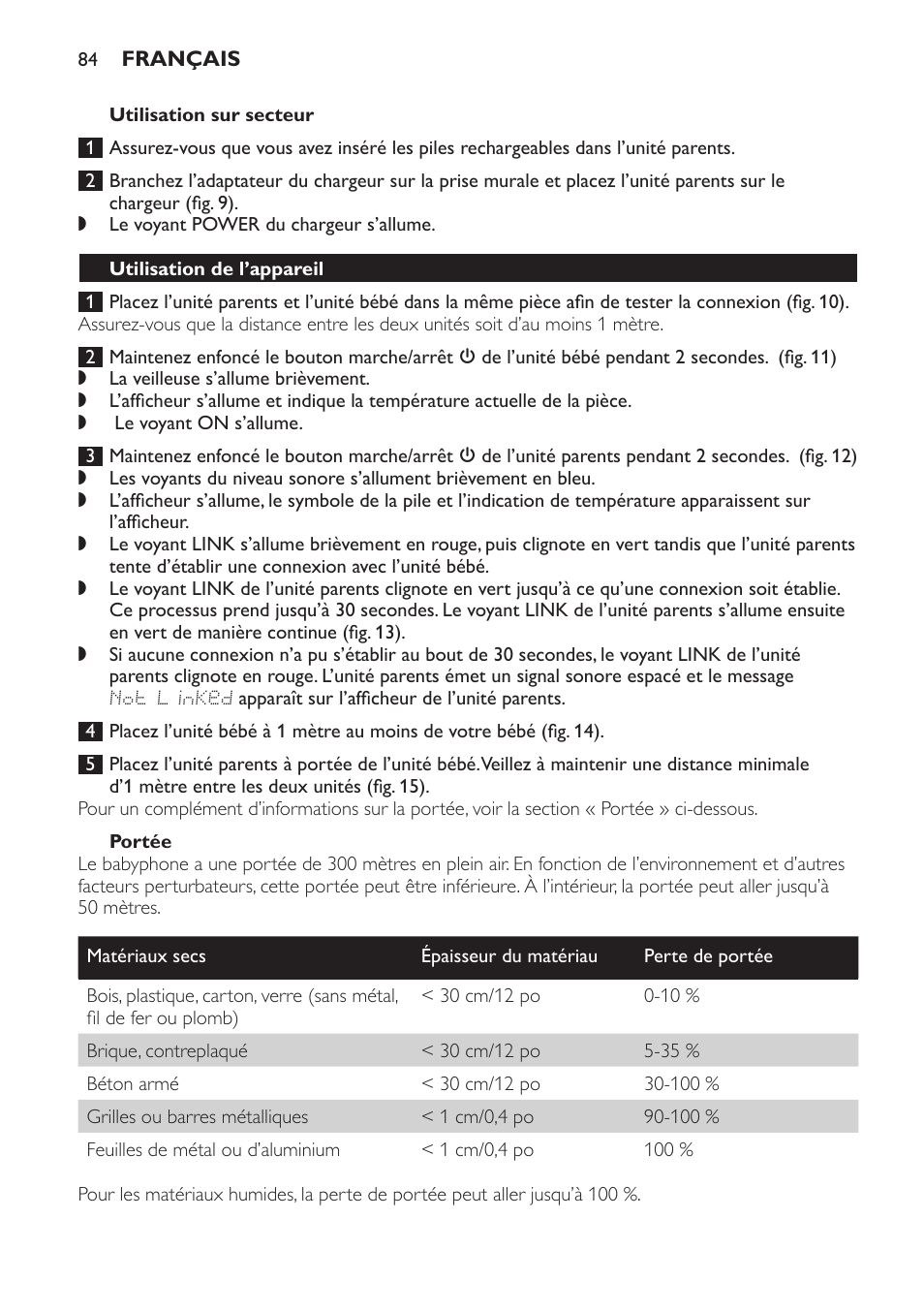 Utilisation sur secteur, Portée, Utilisation de l’appareil | Philips AVENT Vigilabebés DECT User Manual | Page 84 / 168