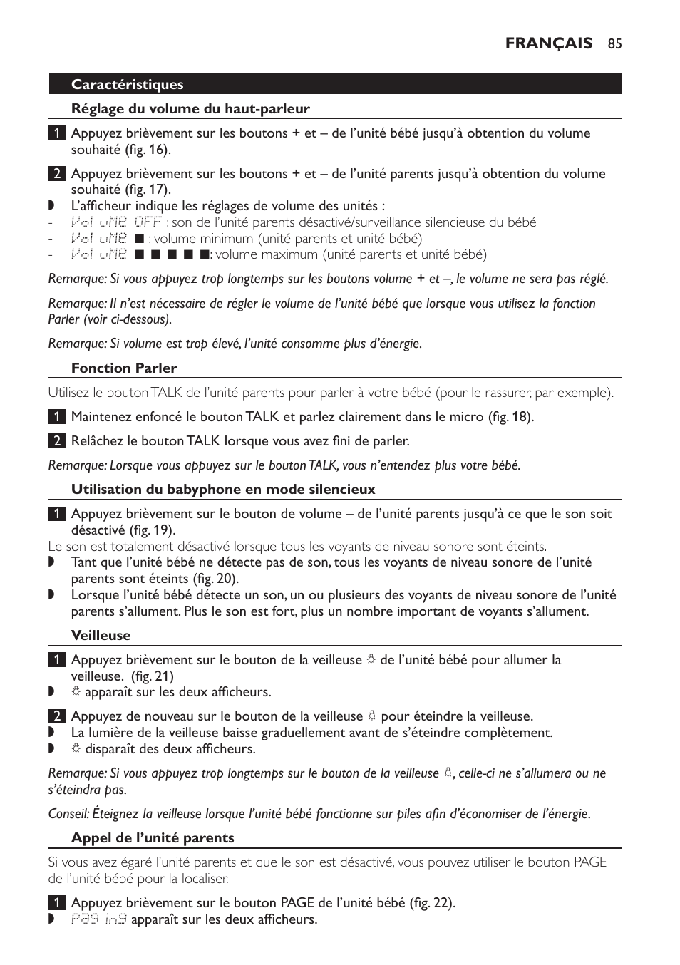 Caractéristiques, Réglage du volume du haut-parleur, Fonction parler | Utilisation du babyphone en mode silencieux, Veilleuse, Appel de l’unité parents | Philips AVENT Vigilabebés DECT User Manual | Page 85 / 168