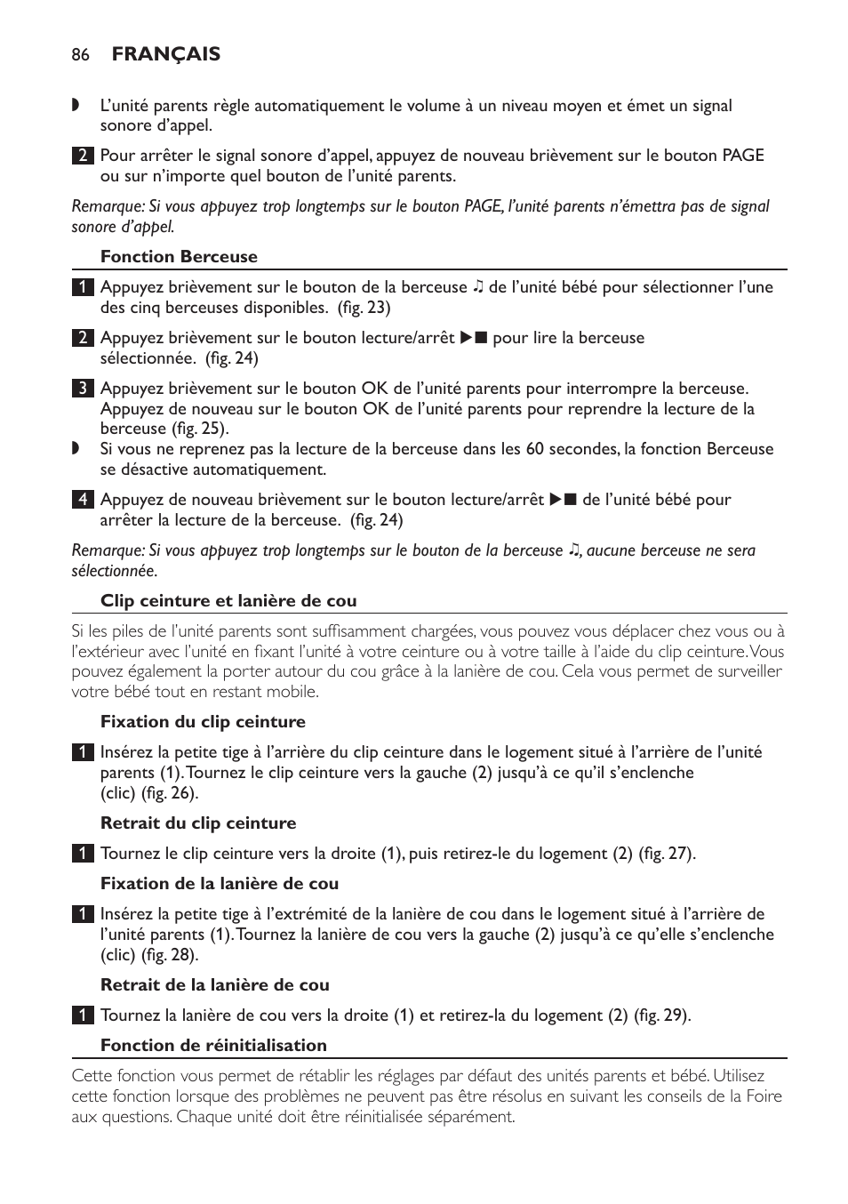 Fonction berceuse, Clip ceinture et lanière de cou, Fixation du clip ceinture | Retrait du clip ceinture, Fixation de la lanière de cou, Retrait de la lanière de cou, Fonction de réinitialisation | Philips AVENT Vigilabebés DECT User Manual | Page 86 / 168