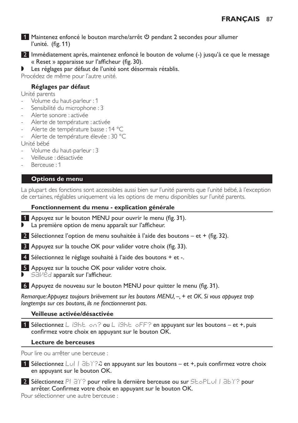 Réglages par défaut, Options de menu, Fonctionnement du menu - explication générale | Veilleuse activée/désactivée, Lecture de berceuses | Philips AVENT Vigilabebés DECT User Manual | Page 87 / 168