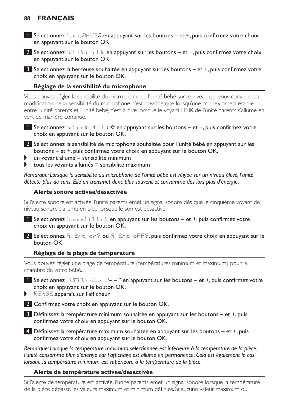 Réglage de la sensibilité du microphone, Alerte sonore activée/désactivée, Réglage de la plage de température | Alerte de température activée/désactivée | Philips AVENT Vigilabebés DECT User Manual | Page 88 / 168