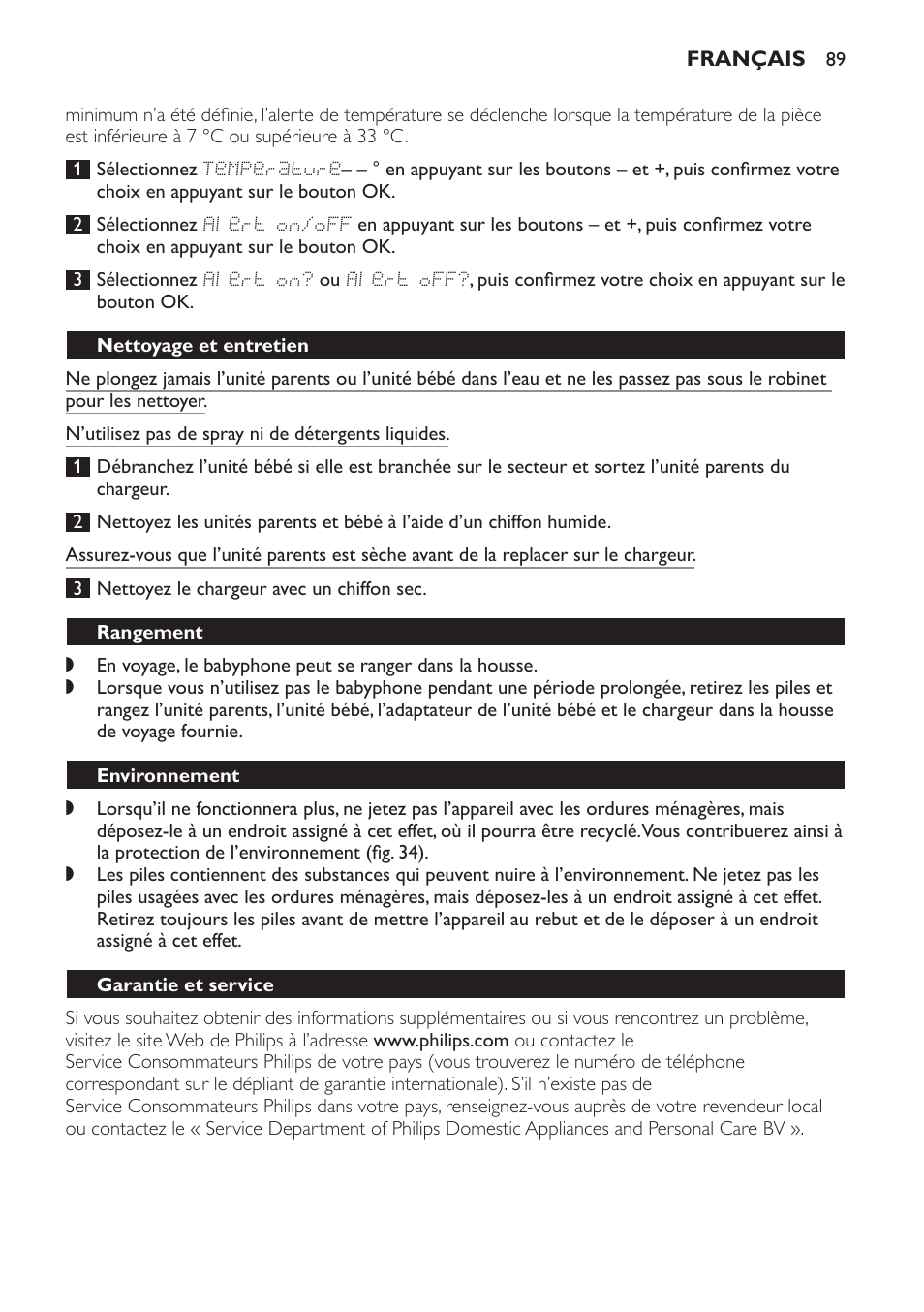 Nettoyage et entretien, Rangement, Environnement | Garantie et service, Foire aux questions | Philips AVENT Vigilabebés DECT User Manual | Page 89 / 168