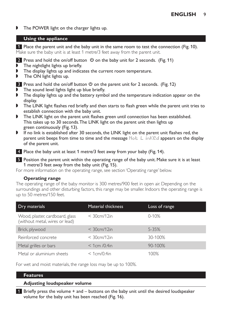 Operating range, Using the appliance, Features | Adjusting loudspeaker volume | Philips AVENT Vigilabebés DECT User Manual | Page 9 / 168