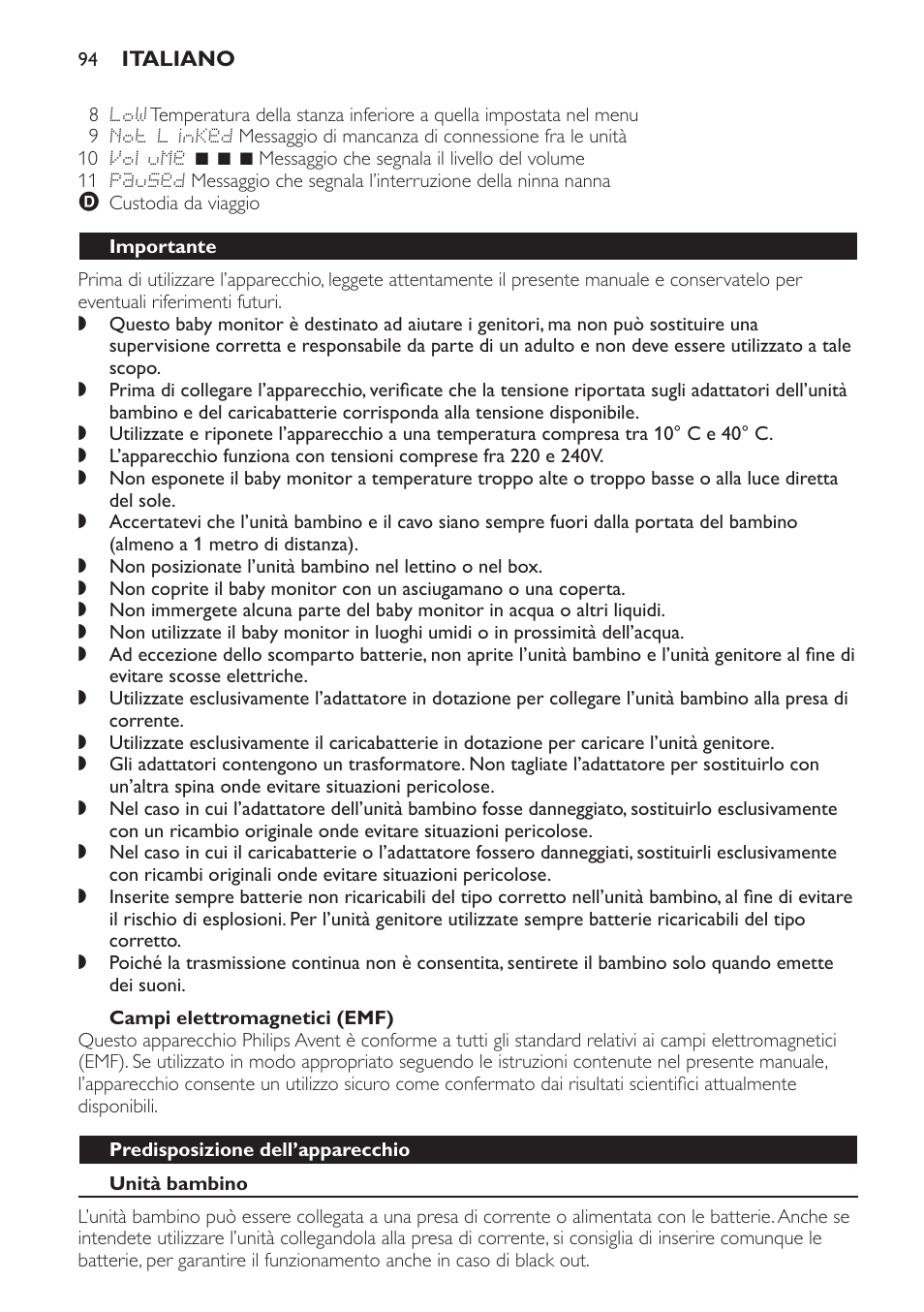 Campi elettromagnetici (emf), Importante, Predisposizione dell’apparecchio | Unità bambino | Philips AVENT Vigilabebés DECT User Manual | Page 94 / 168