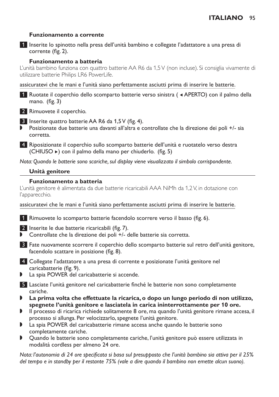 Funzionamento a corrente, Funzionamento a batteria, Unità genitore | Philips AVENT Vigilabebés DECT User Manual | Page 95 / 168