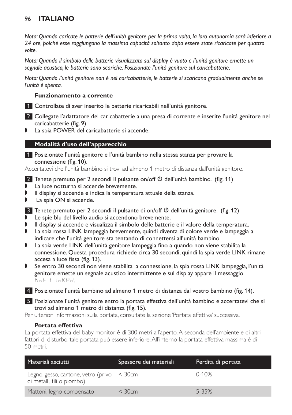 Funzionamento a corrente, Portata effettiva, Modalità d’uso dell’apparecchio | Philips AVENT Vigilabebés DECT User Manual | Page 96 / 168