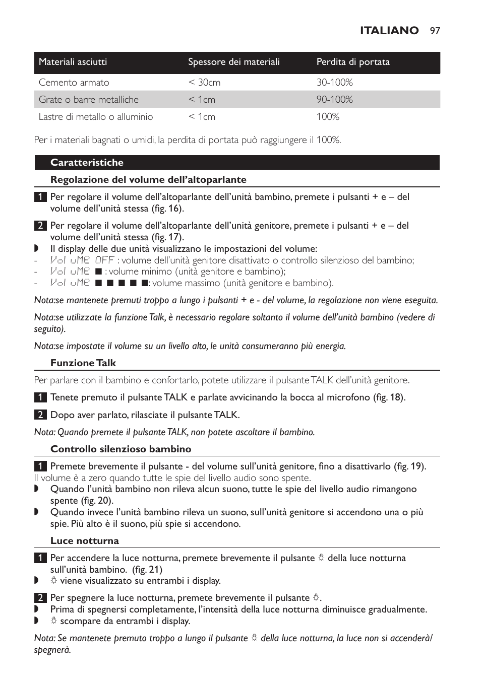 Caratteristiche, Regolazione del volume dell’altoparlante, Funzione talk | Controllo silenzioso bambino, Luce notturna | Philips AVENT Vigilabebés DECT User Manual | Page 97 / 168