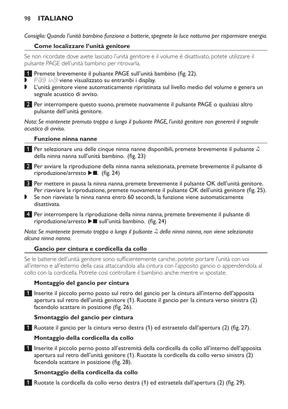 Come localizzare l’unità genitore, Funzione ninna nanne, Gancio per cintura e cordicella da collo | Montaggio del gancio per cintura, Smontaggio del gancio per cintura, Montaggio della cordicella da collo, Smontaggio della cordicella da collo | Philips AVENT Vigilabebés DECT User Manual | Page 98 / 168