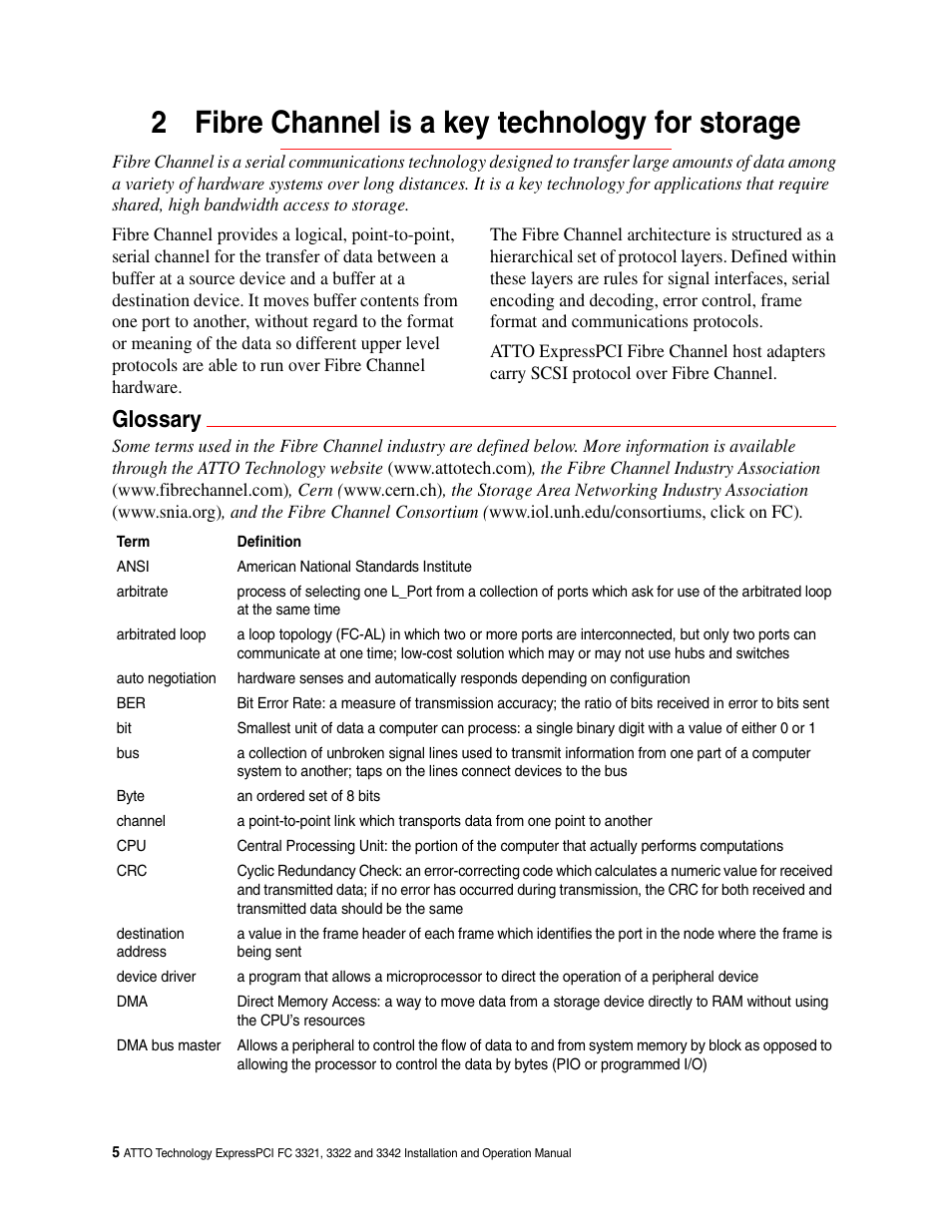 2 fibre channel is a key technology for storage, Glossary | ATTO Technology ExpressPCI FC 3321 User Manual | Page 10 / 23