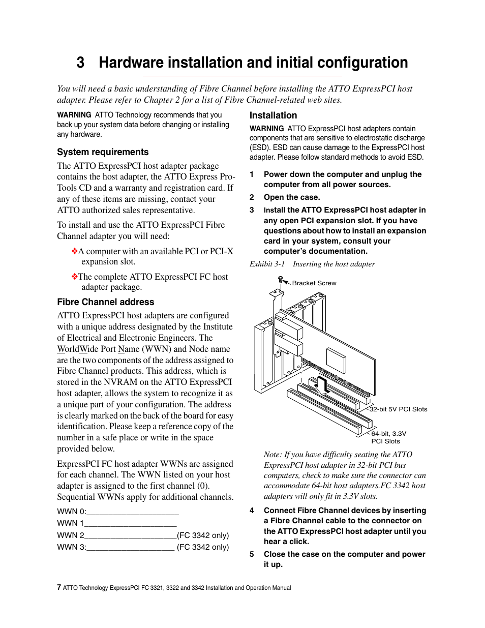 3 hardware installation and initial configuration, System requirements, Fibre channel address | Installation | ATTO Technology ExpressPCI FC 3321 User Manual | Page 12 / 23