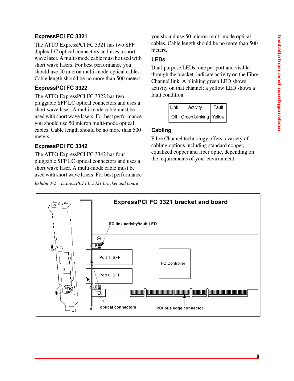 Expresspci fc 3321, Expresspci fc 3322, Expresspci fc 3342 | Leds, Cabling | ATTO Technology ExpressPCI FC 3321 User Manual | Page 13 / 23