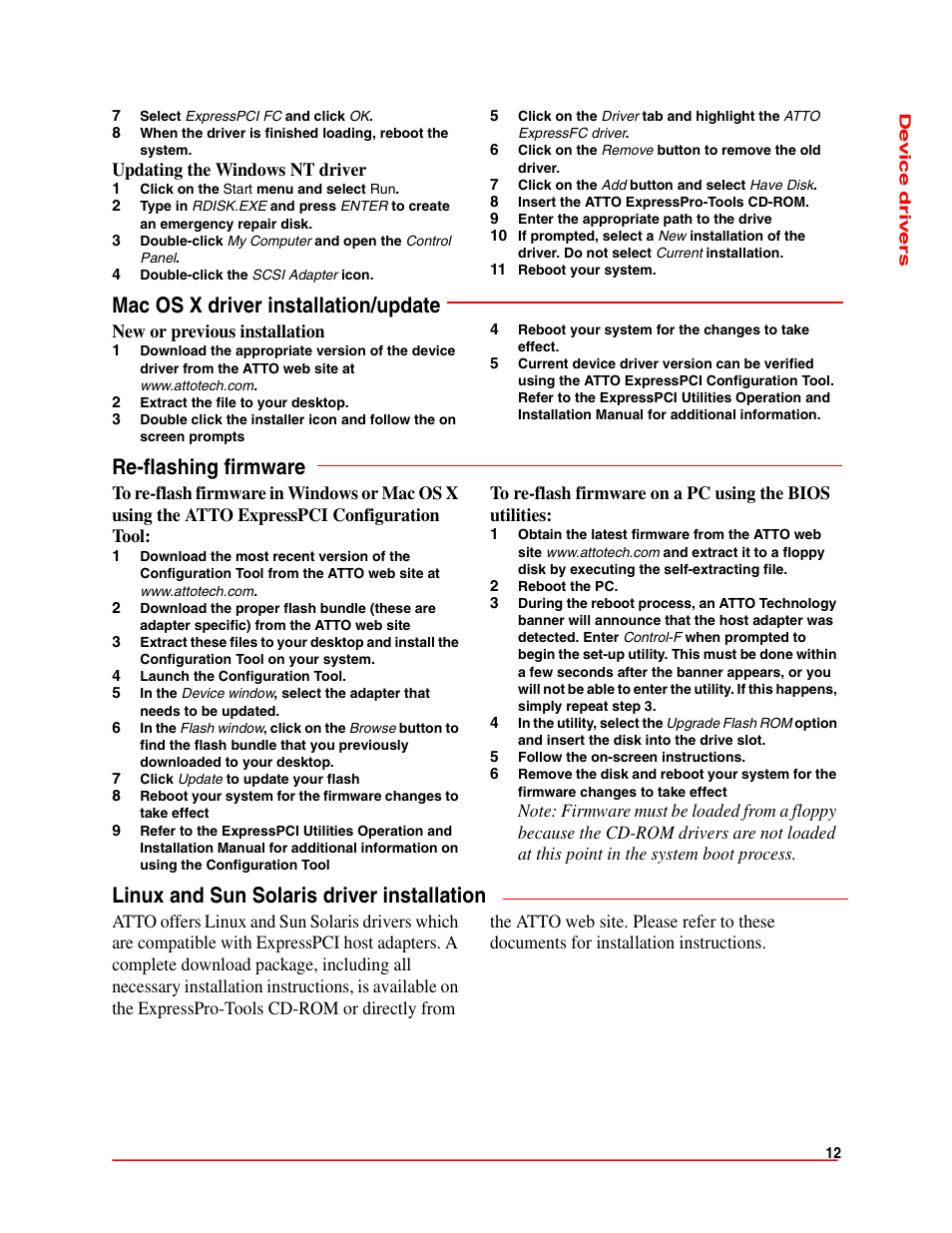 Mac os x driver installation/update, Re-flashing firmware, Linux and sun solaris driver installation | ATTO Technology ExpressPCI FC 3321 User Manual | Page 17 / 23