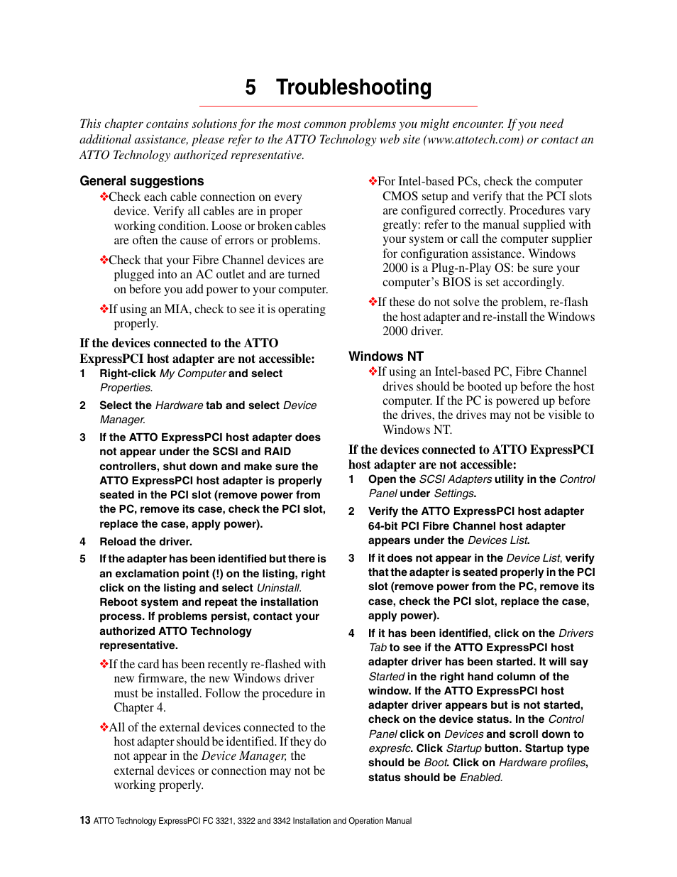 5 troubleshooting, General suggestions, Windows nt | ATTO Technology ExpressPCI FC 3321 User Manual | Page 18 / 23