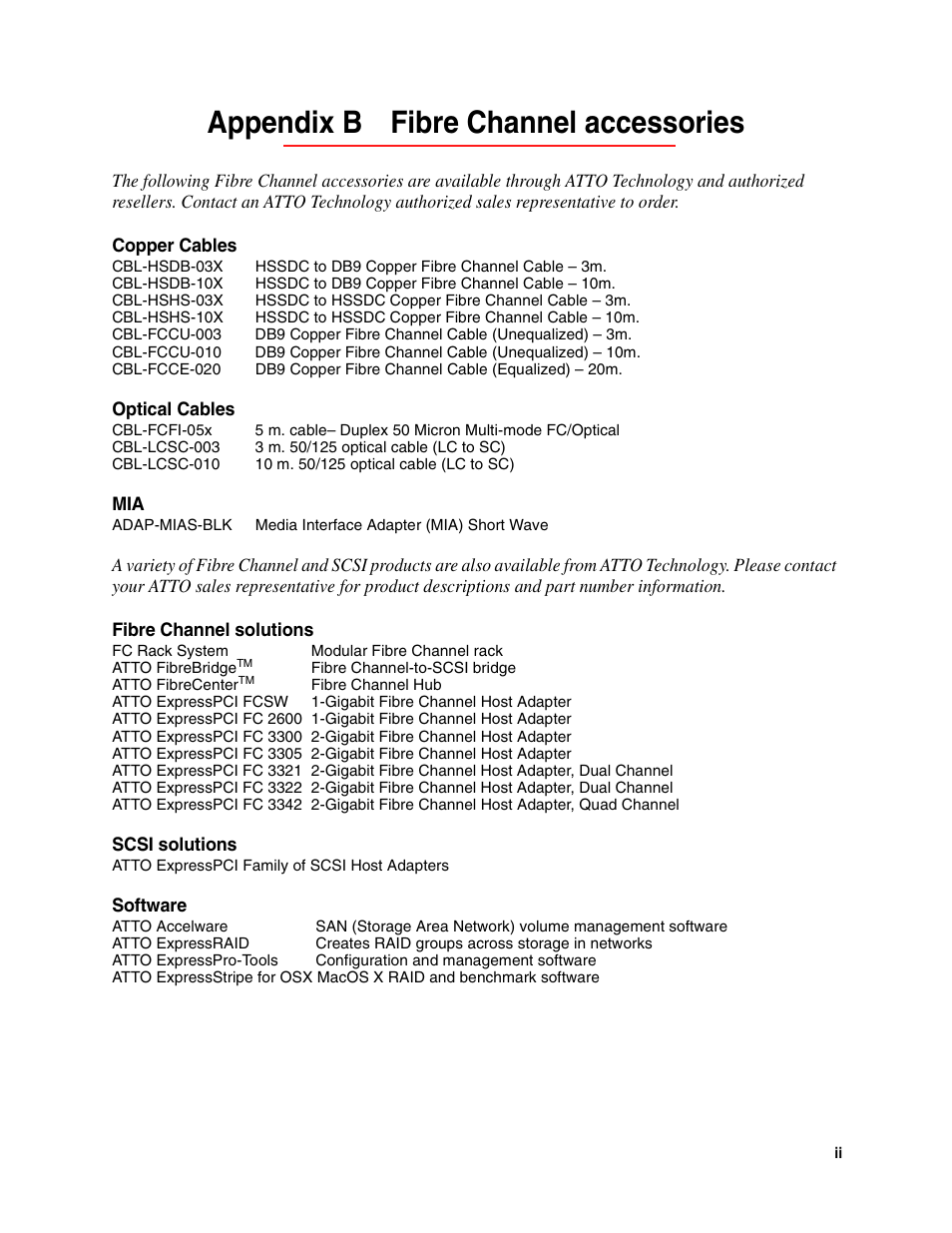 Appendix b fibre channel accessories, Copper cables, Optical cables | Fibre channel solutions, Scsi solutions, Software | ATTO Technology ExpressPCI FC 3321 User Manual | Page 21 / 23