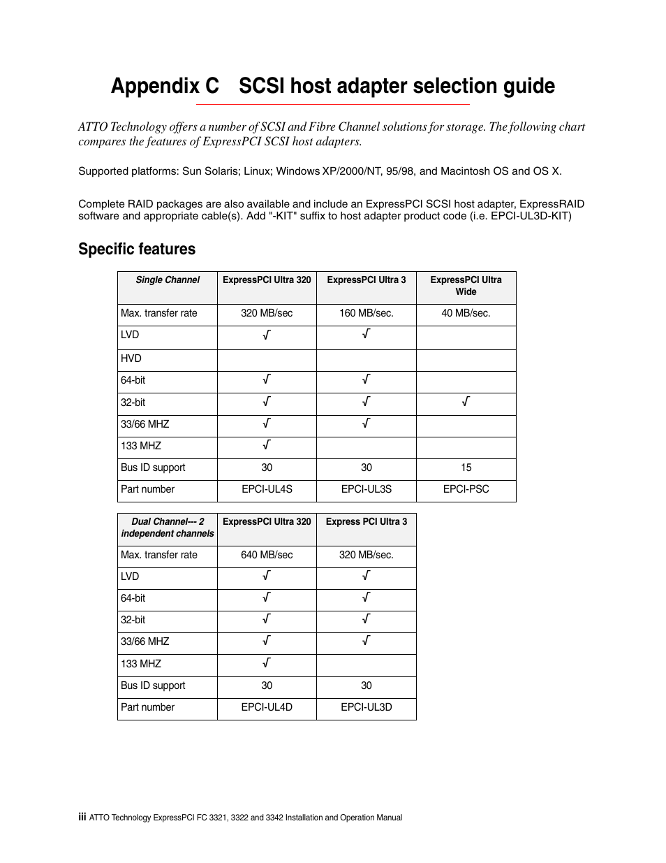 Appendix c scsi host adapter selection guide, Specific features | ATTO Technology ExpressPCI FC 3321 User Manual | Page 22 / 23