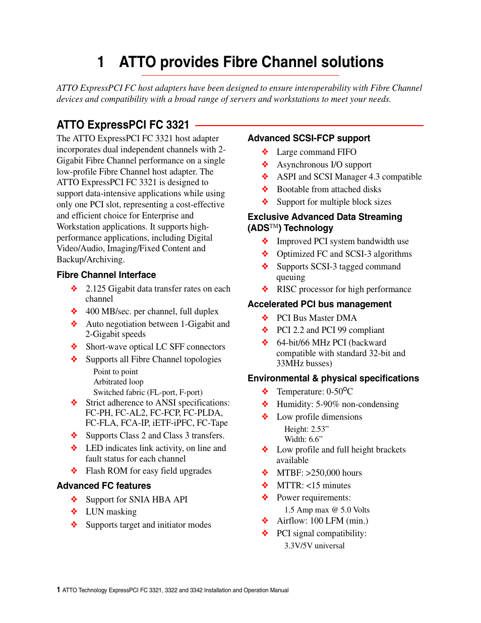 1 atto provides fibre channel solutions, Atto expresspci fc 3321, Fibre channel interface | Advanced fc features, Advanced scsi-fcp support, Accelerated pci bus management, Environmental & physical specifications, Atto provides fibre channel solutions | ATTO Technology ExpressPCI FC 3321 User Manual | Page 6 / 23