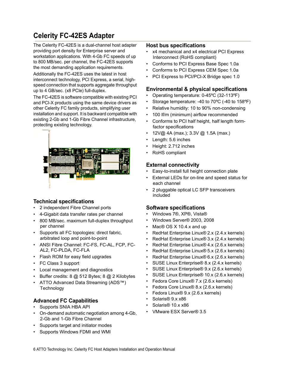 Celerity fc-42es adapter, Technical specifications, Advanced fc capabilities | Host bus specifications, Environmental & physical specifications, External connectivity, Software specifications | ATTO Technology FC-44ES User Manual | Page 10 / 46