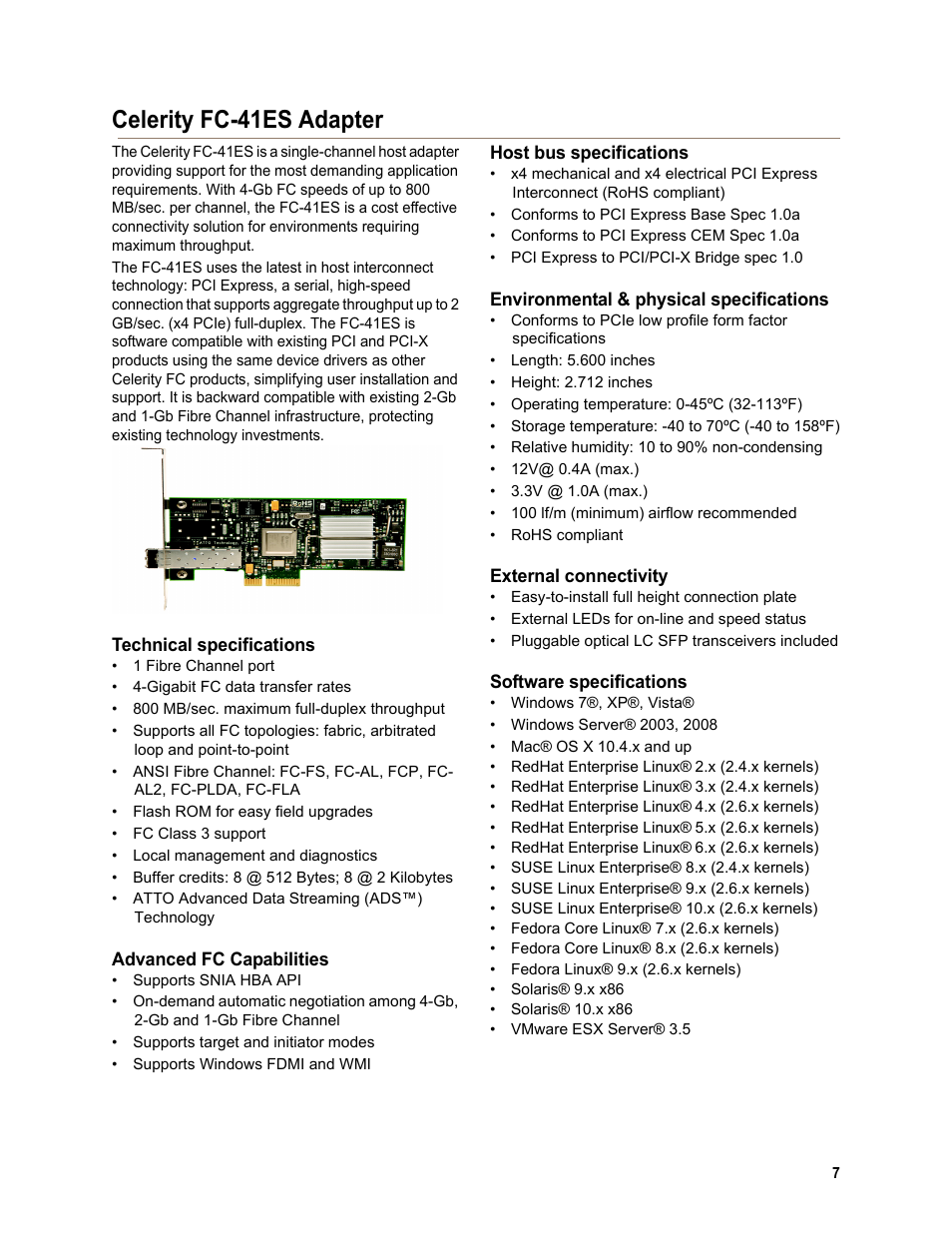 Celerity fc-41es adapter, Technical specifications, Advanced fc capabilities | Host bus specifications, Environmental & physical specifications, External connectivity, Software specifications | ATTO Technology FC-44ES User Manual | Page 11 / 46