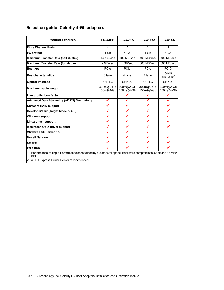 Selection guide: celerity 4-gb adapters | ATTO Technology FC-44ES User Manual | Page 14 / 46