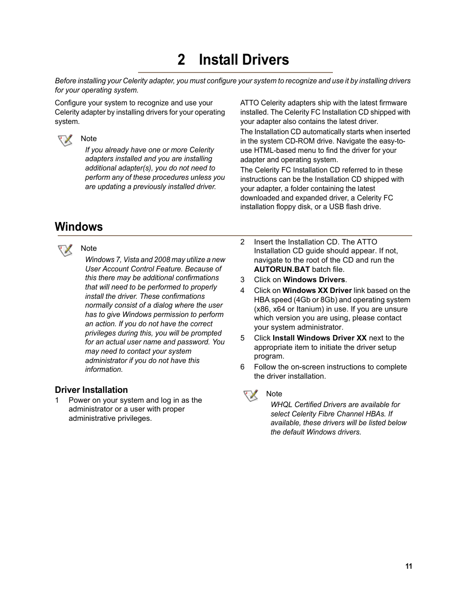 2 install drivers, Windows, Driver installation | 2 install driver, Install drivers | ATTO Technology FC-44ES User Manual | Page 15 / 46