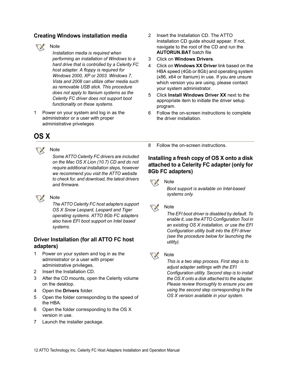 Creating windows installation media, Os x | ATTO Technology FC-44ES User Manual | Page 16 / 46