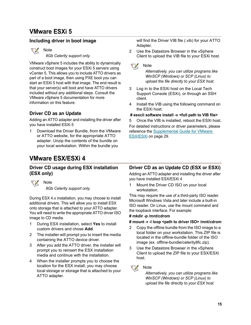 Vmware esxi 5, Including driver in boot image, Driver cd as an update | Vmware esx/esxi 4, Driver cd usage during esx installation (esx only), Driver cd as an update cd (esx or esxi), Vmware esxi 5 vmware esx/esxi 4 | ATTO Technology FC-44ES User Manual | Page 19 / 46