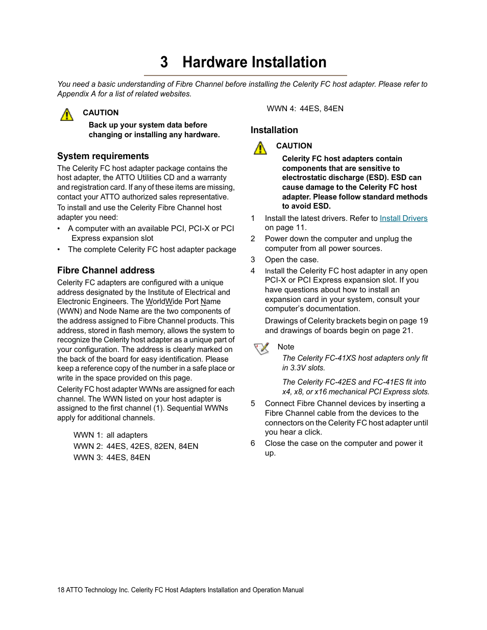 3 hardware installation, System requirements, Fibre channel address | Installation | ATTO Technology FC-44ES User Manual | Page 22 / 46