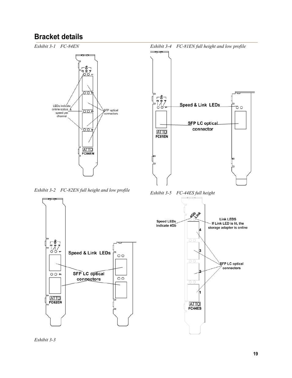 Bracket details, Exhibit 3-1 fc-84en, Exhibit 3-2 fc-82en full height and low profile | Exhibit 3-3, Exhibit 3-4 fc-81en full height and low profile, Exhibit 3-5 fc-44es full height | ATTO Technology FC-44ES User Manual | Page 23 / 46