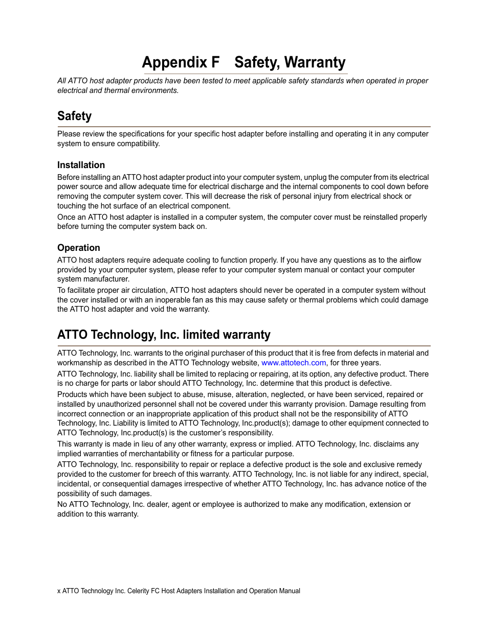 Appendix f safety, warranty, Safety, Installation | Operation, Atto technology, inc. limited warranty, Safety atto technology, inc. limited warranty | ATTO Technology FC-44ES User Manual | Page 46 / 46