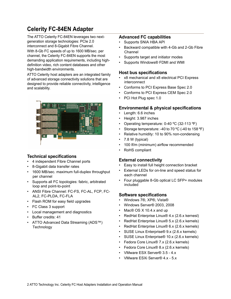 Celerity fc-84en adapter, Technical specifications, Advanced fc capabilities | Host bus specifications, Environmental & physical specifications, External connectivity, Software specifications | ATTO Technology FC-44ES User Manual | Page 6 / 46