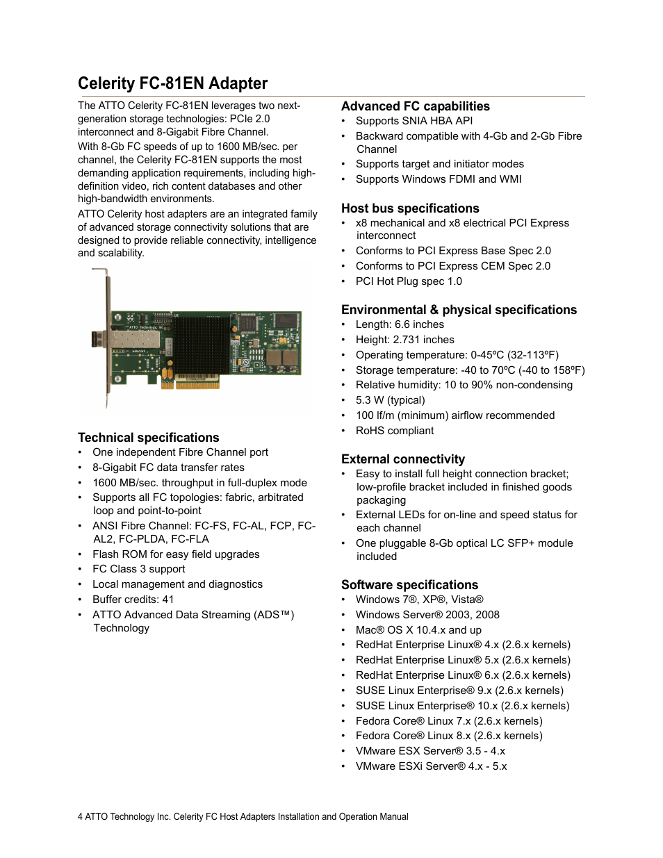 Celerity fc-81en adapter, Technical specifications, Advanced fc capabilities | Host bus specifications, Environmental & physical specifications, External connectivity, Software specifications | ATTO Technology FC-44ES User Manual | Page 8 / 46