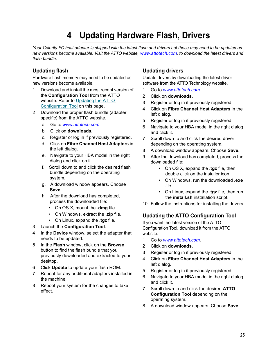 4 updating hardware flash, drivers, Updating flash, Updating drivers | Updating the atto configuration tool | ATTO Technology FC-42ES User Manual | Page 29 / 42