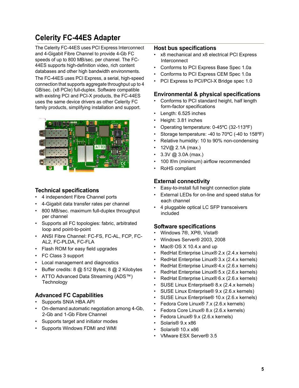 Celerity fc-44es adapter, Technical specifications, Advanced fc capabilities | Host bus specifications, Environmental & physical specifications, External connectivity, Software specifications | ATTO Technology FC-42ES User Manual | Page 9 / 42