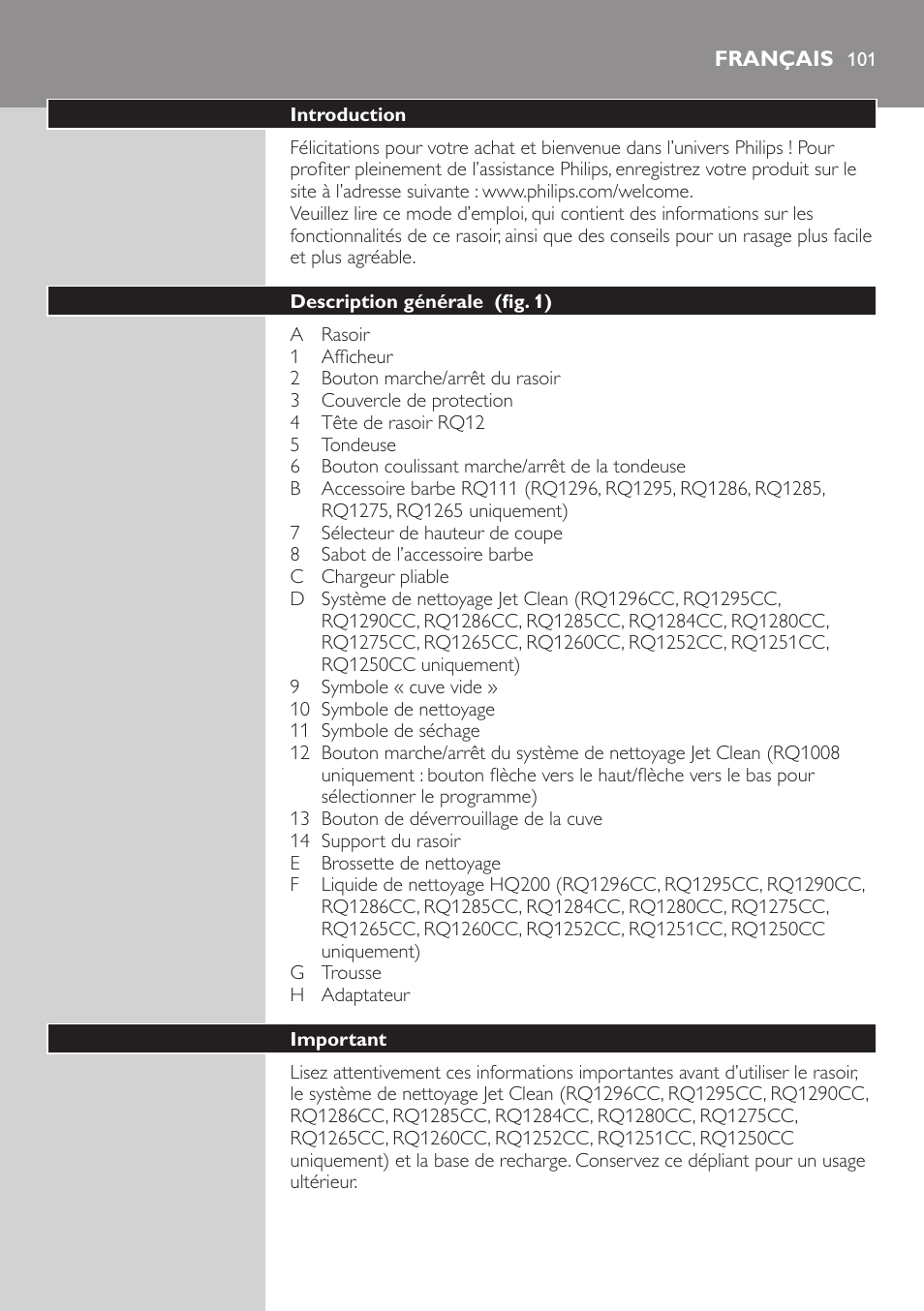 Français, Français 10 | Philips SHAVER Series 9000 SensoTouch afeitadora eléctrica en húmedo y seco User Manual | Page 101 / 320