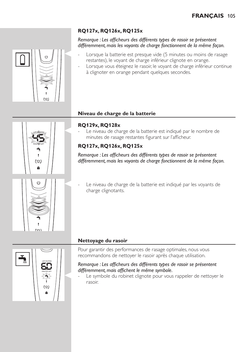 Français | Philips SHAVER Series 9000 SensoTouch afeitadora eléctrica en húmedo y seco User Manual | Page 105 / 320