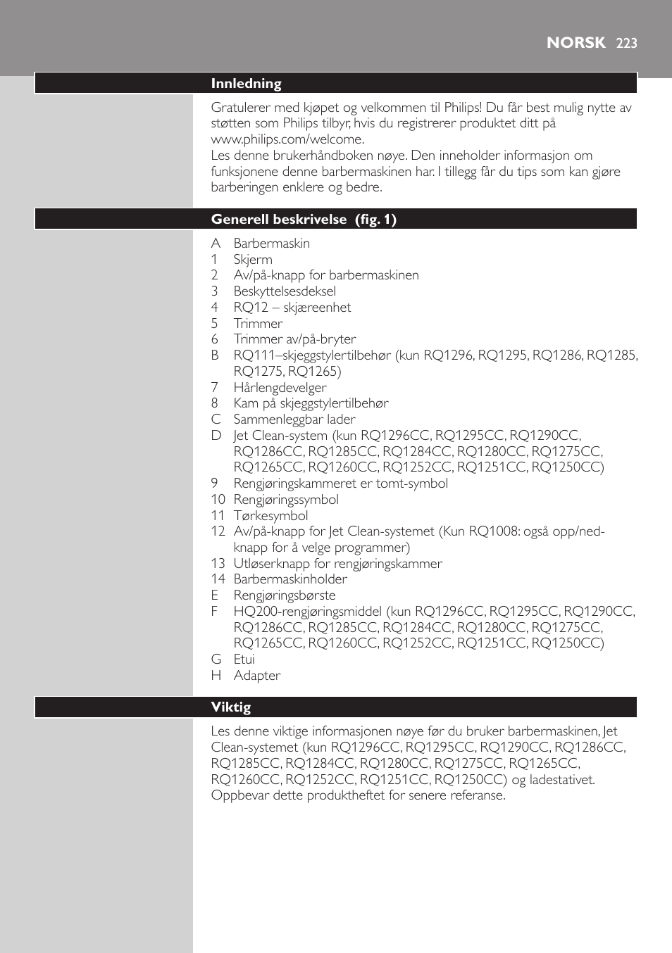 Norsk, Norsk 2 | Philips SHAVER Series 9000 SensoTouch afeitadora eléctrica en húmedo y seco User Manual | Page 223 / 320